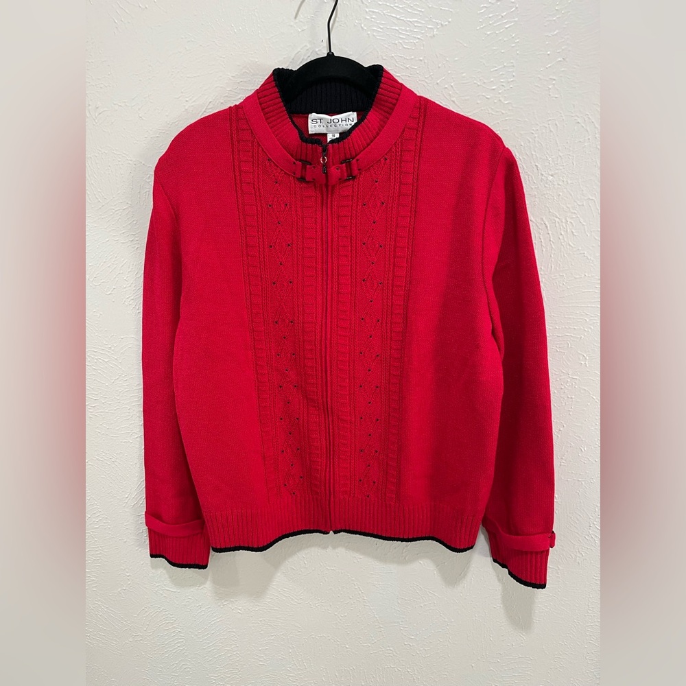 St. John Collection Fuchsia Zip Up Jacket Blazer Santana Knit Old Money Size 14
